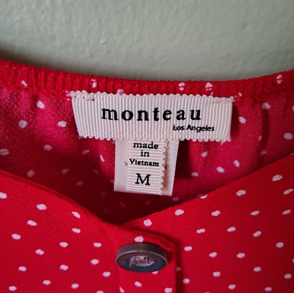 Monteau LA Women's Medium Red Polka Dot Puff Sleeve Faux Button Midi Dress w Tie - Picture 7 of 11